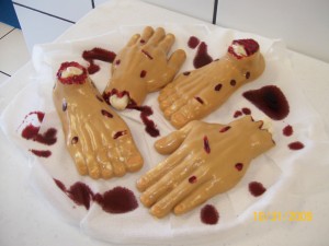 Scary food - Jello Molded Hands and Feet with cream cheese filling!